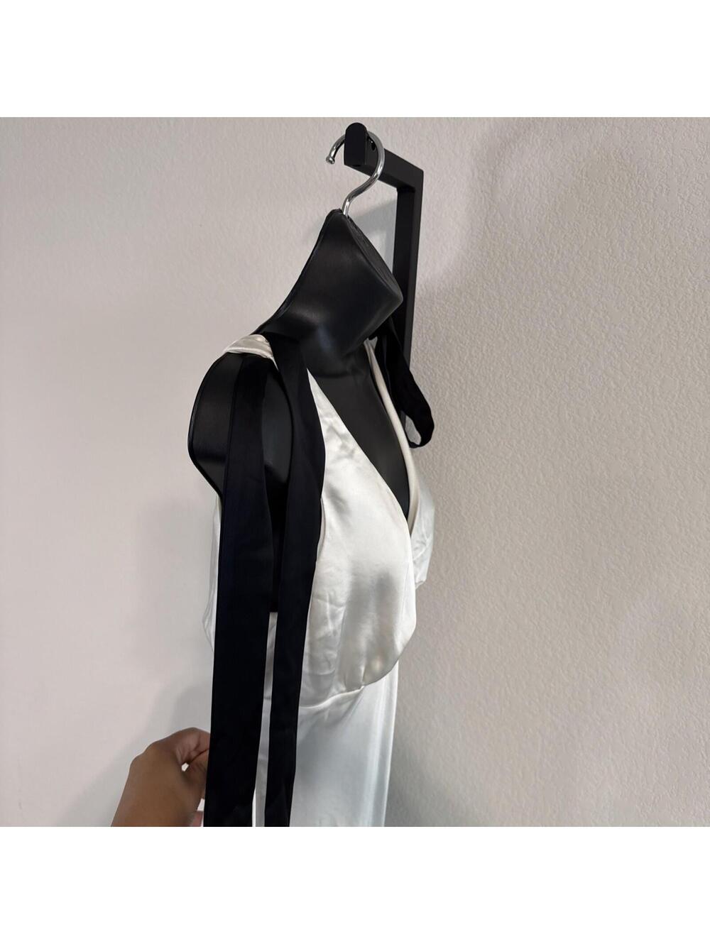 Express Cream Satin V-Neck Midi Cami Slip Dress w/ Black Ties on Shoulder - MED - Picture 6 of 13
